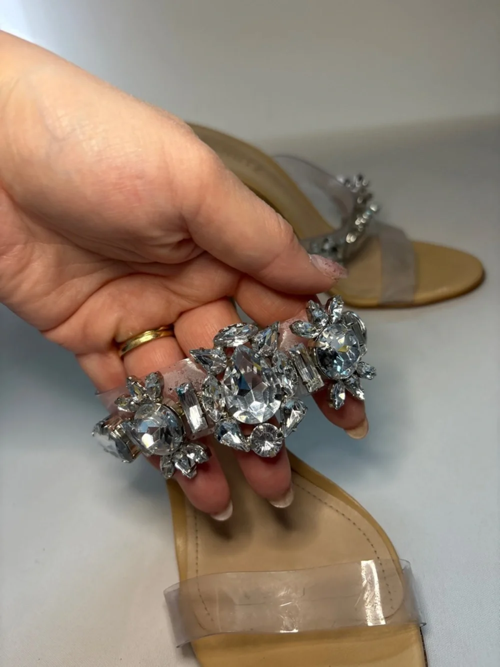 SCHUTZ Laureen Tan and Clear Crystal-Embellished Heeled Mules